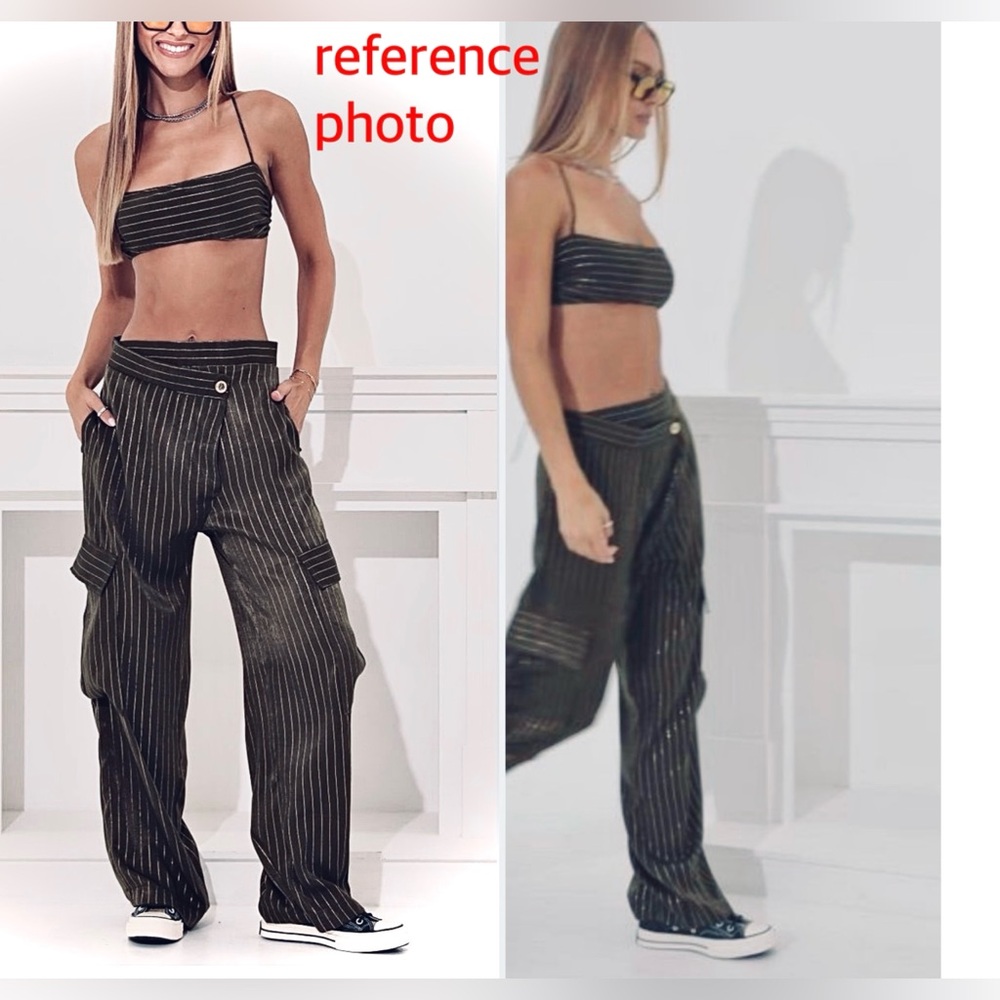 Lucy in the Sky, Navy Blue,Gold Striped Wide Leg Pants Two piece Set Sz S